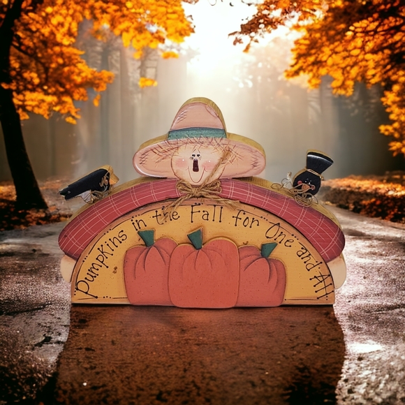 Scarecrow Pumpkins Crows Vintage Wooden Shelf Sitter Hand Crafted Fall Autumn - Picture 2 of 10